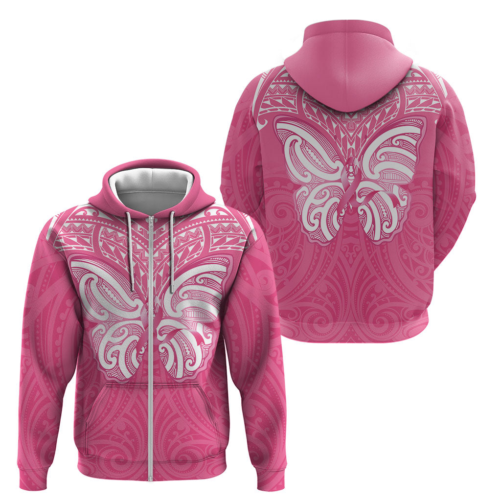 New Zealand Breast Cancer Support Zip Hoodie Maori Butterfly Pink Ribbon
