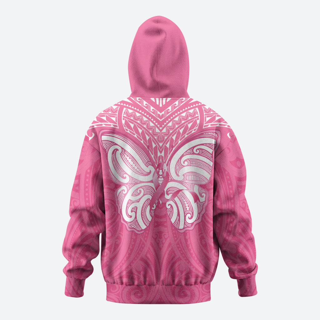 New Zealand Breast Cancer Support Zip Hoodie Maori Butterfly Pink Ribbon