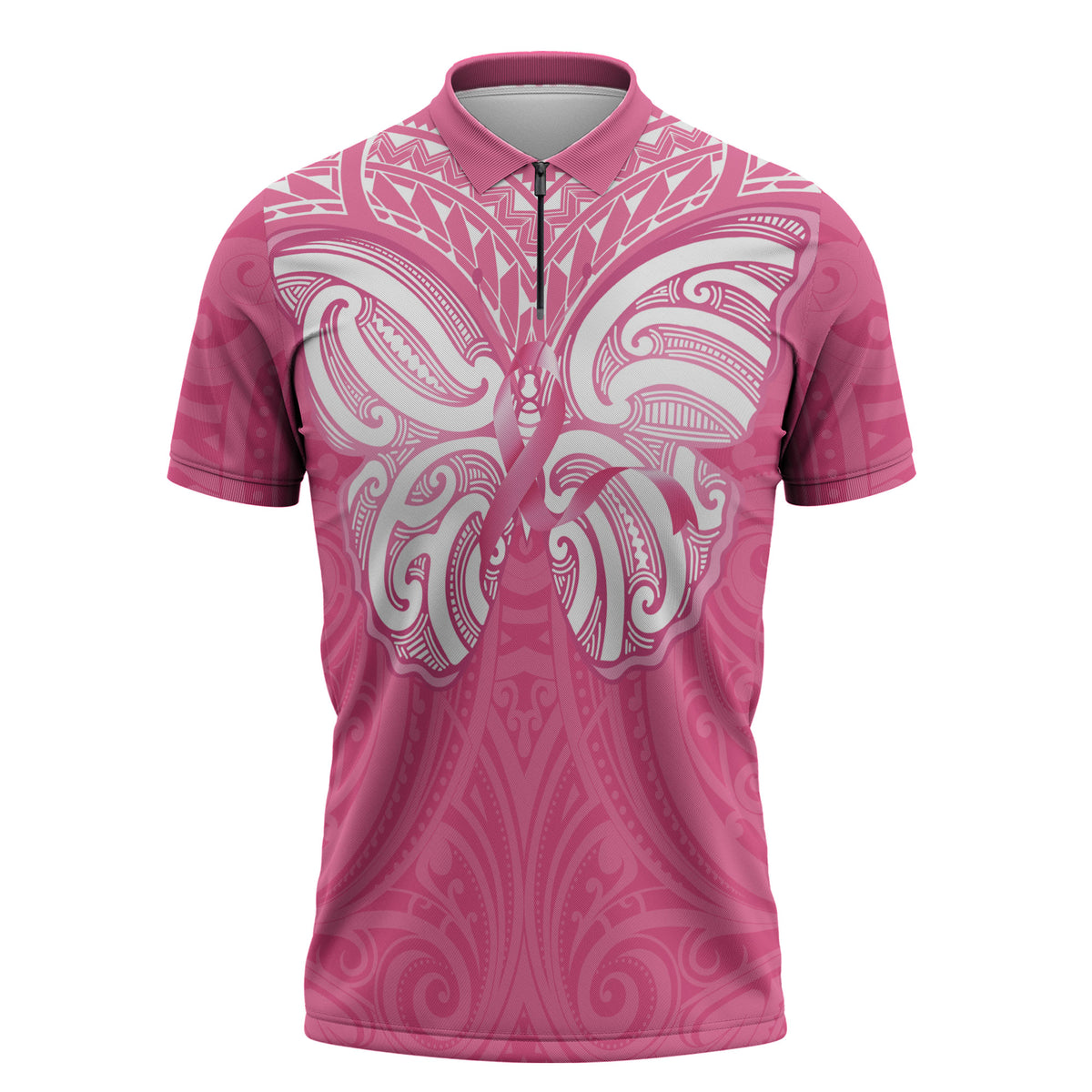 New Zealand Breast Cancer Support Zipper Polo Shirt Maori Butterfly Pink Ribbon