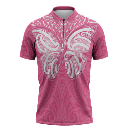 New Zealand Breast Cancer Support Zipper Polo Shirt Maori Butterfly Pink Ribbon