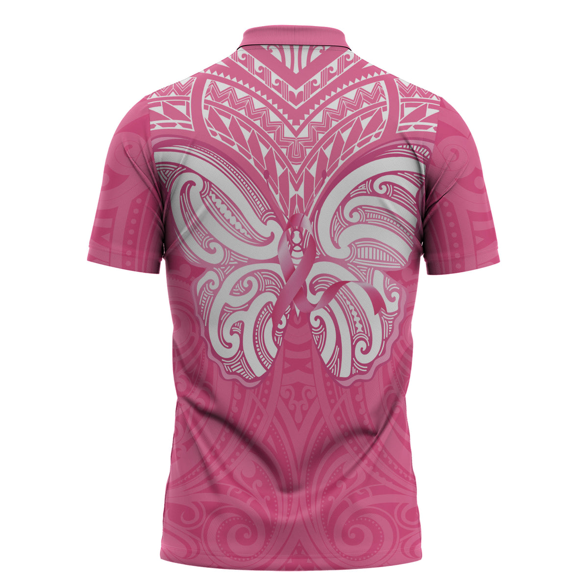 New Zealand Breast Cancer Support Zipper Polo Shirt Maori Butterfly Pink Ribbon