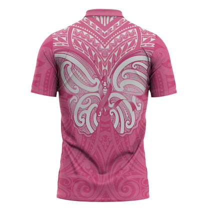 New Zealand Breast Cancer Support Zipper Polo Shirt Maori Butterfly Pink Ribbon