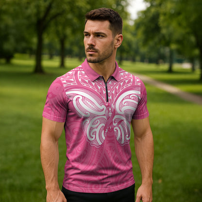 New Zealand Breast Cancer Support Zipper Polo Shirt Maori Butterfly Pink Ribbon