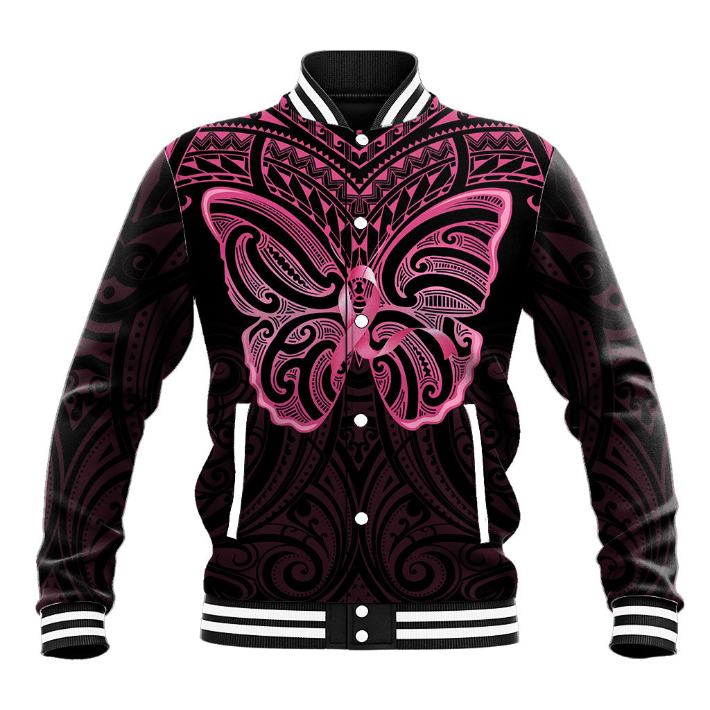 New Zealand Breast Cancer Support Baseball Jacket Maori Butterfly Pink Ribbon Black Version