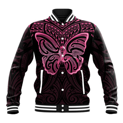 New Zealand Breast Cancer Support Baseball Jacket Maori Butterfly Pink Ribbon Black Version