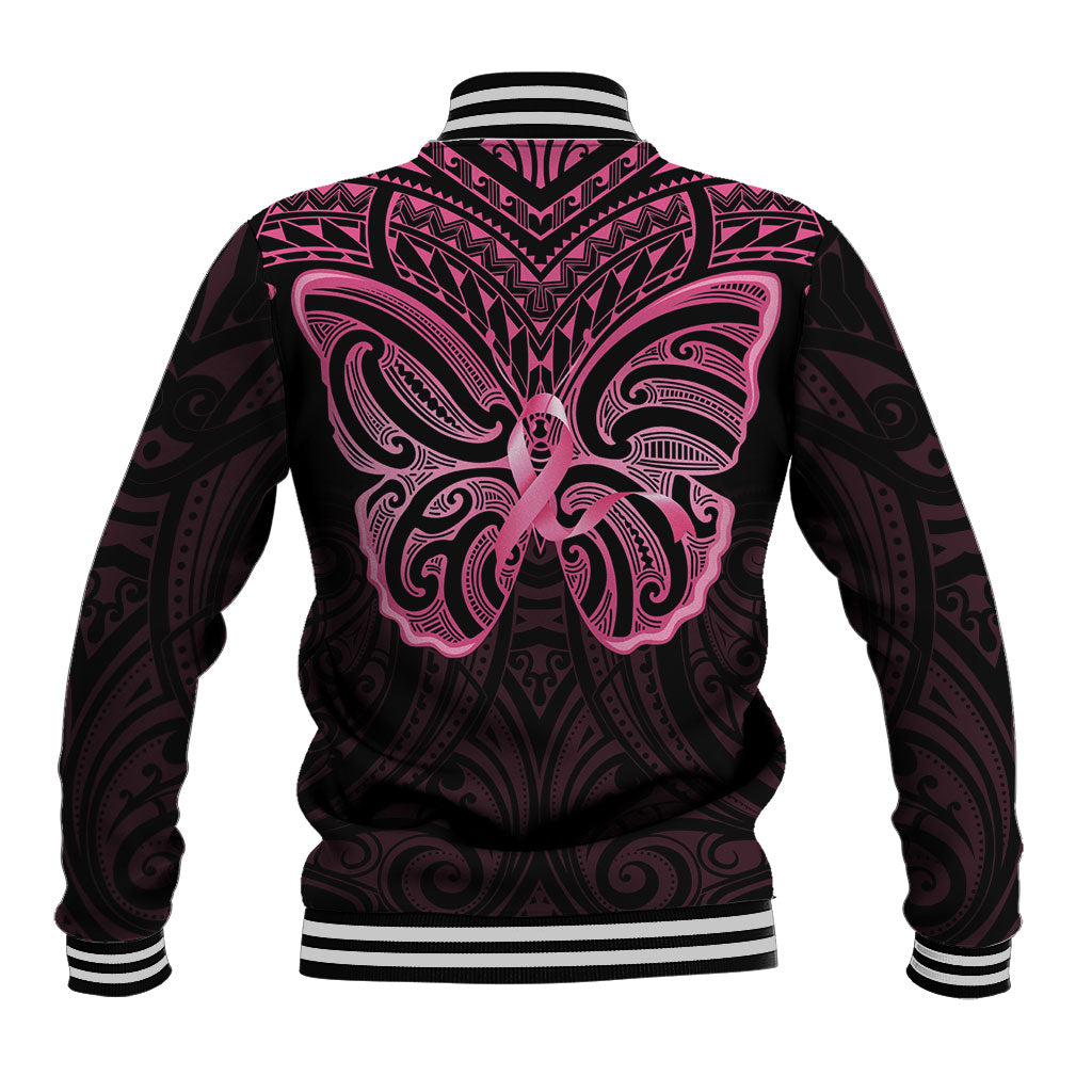 New Zealand Breast Cancer Support Baseball Jacket Maori Butterfly Pink Ribbon Black Version