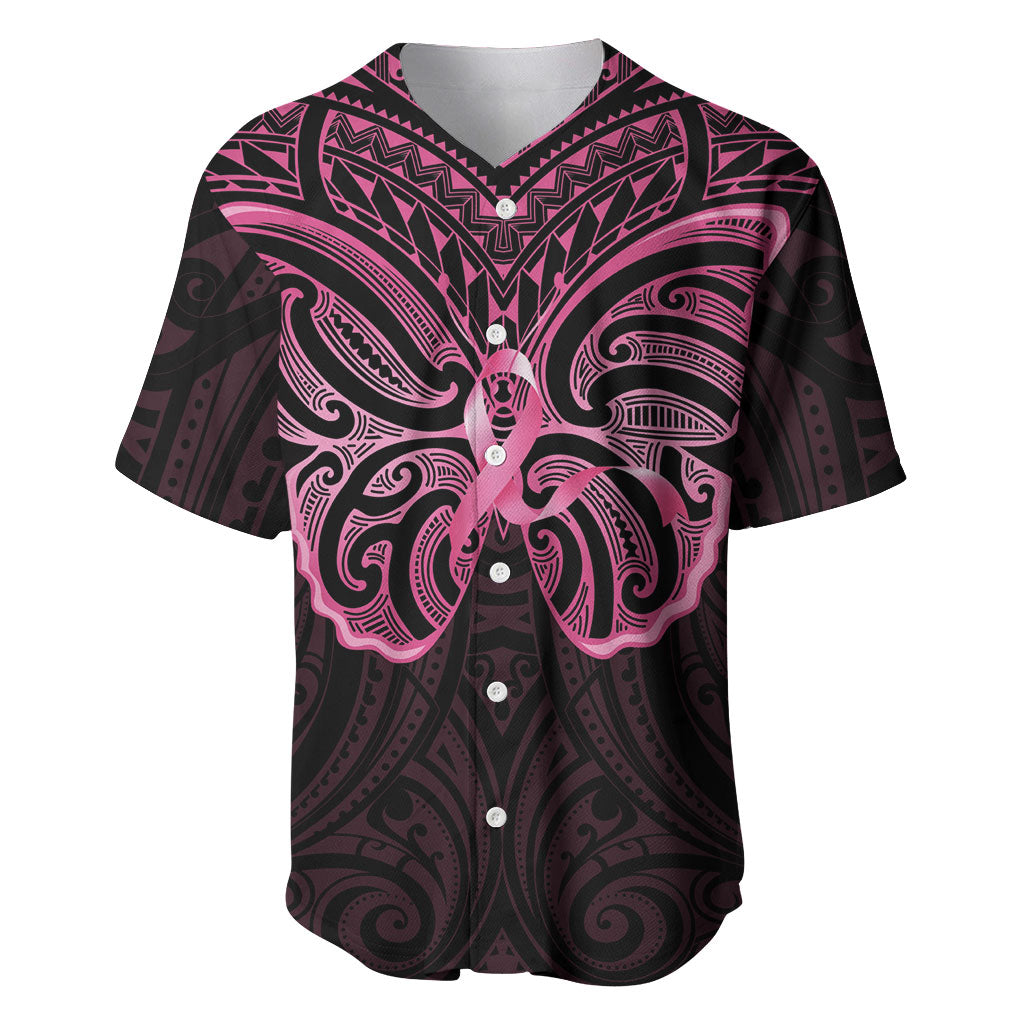 New Zealand Breast Cancer Support Baseball Jersey Maori Butterfly Pink Ribbon Black Version