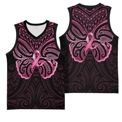 New Zealand Breast Cancer Support Basketball Jersey Maori Butterfly Pink Ribbon Black Version
