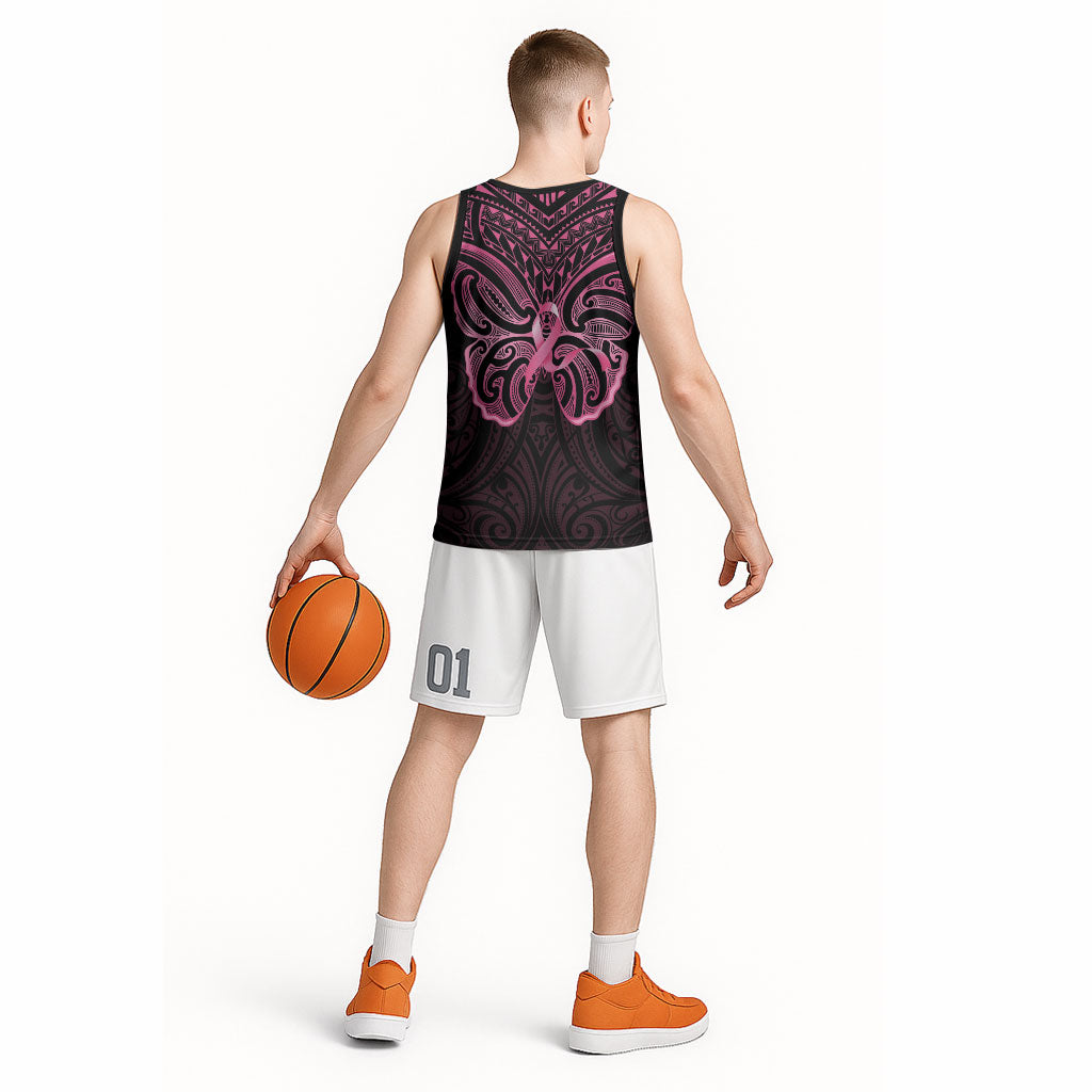 New Zealand Breast Cancer Support Basketball Jersey Maori Butterfly Pink Ribbon Black Version