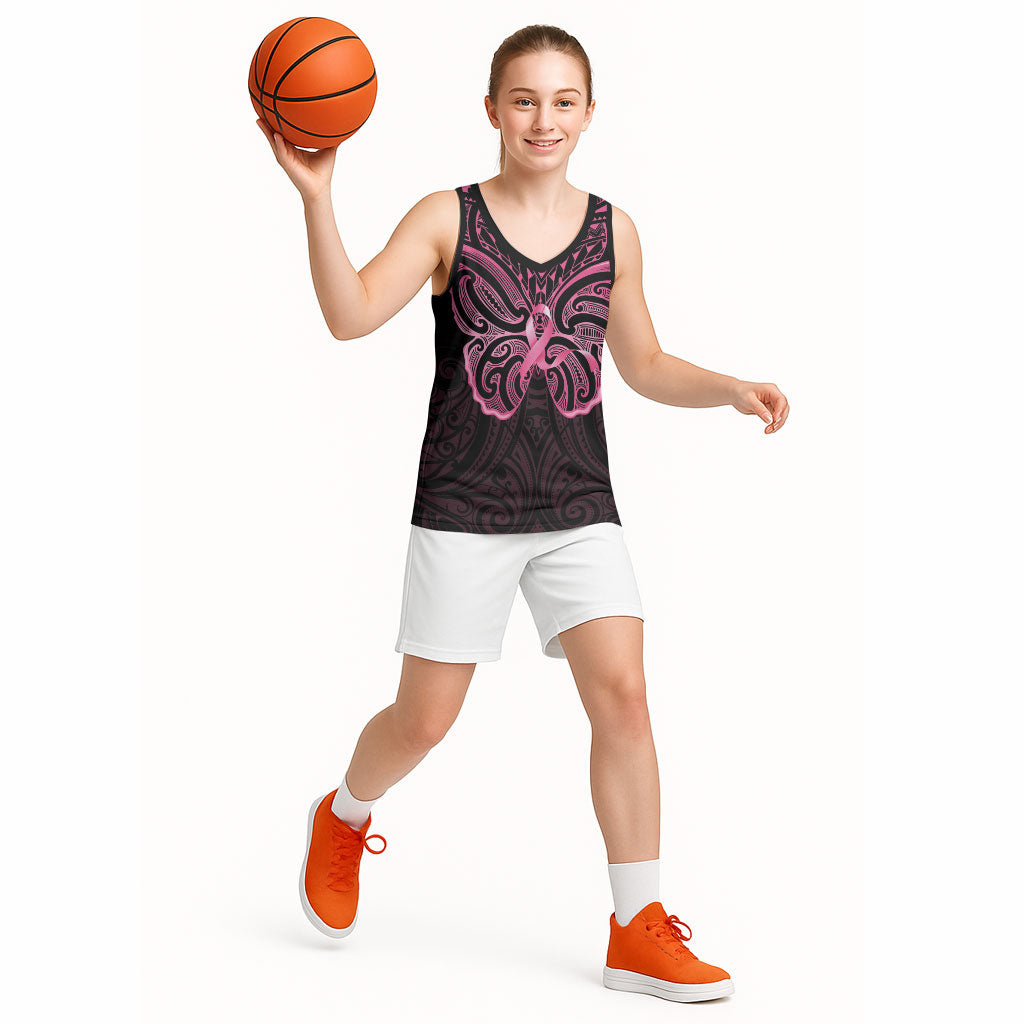 New Zealand Breast Cancer Support Basketball Jersey Maori Butterfly Pink Ribbon Black Version