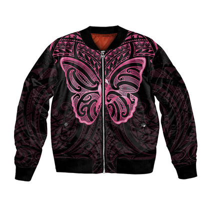 New Zealand Breast Cancer Support Bomber Jacket Maori Butterfly Pink Ribbon Black Version