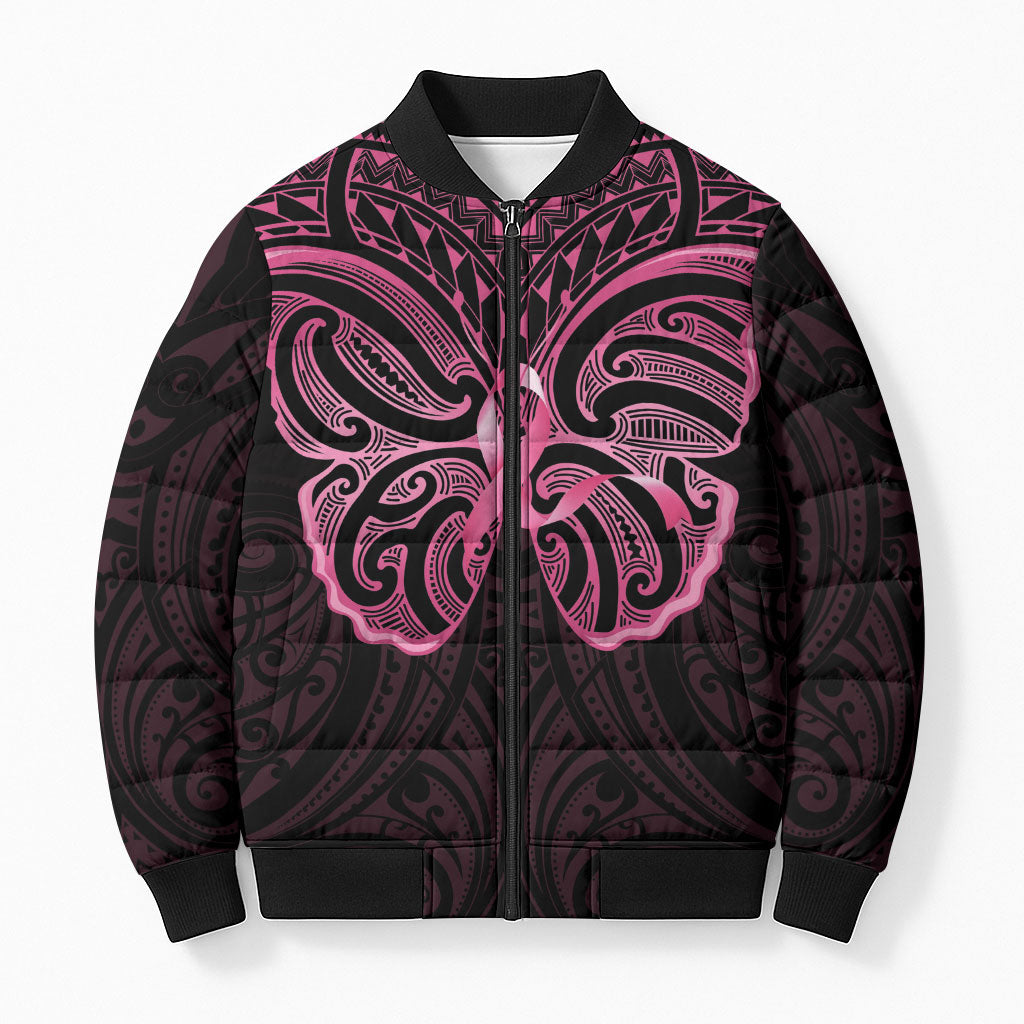 New Zealand Breast Cancer Support Bomber Puffer Jacket Maori Butterfly Pink Ribbon Black Version