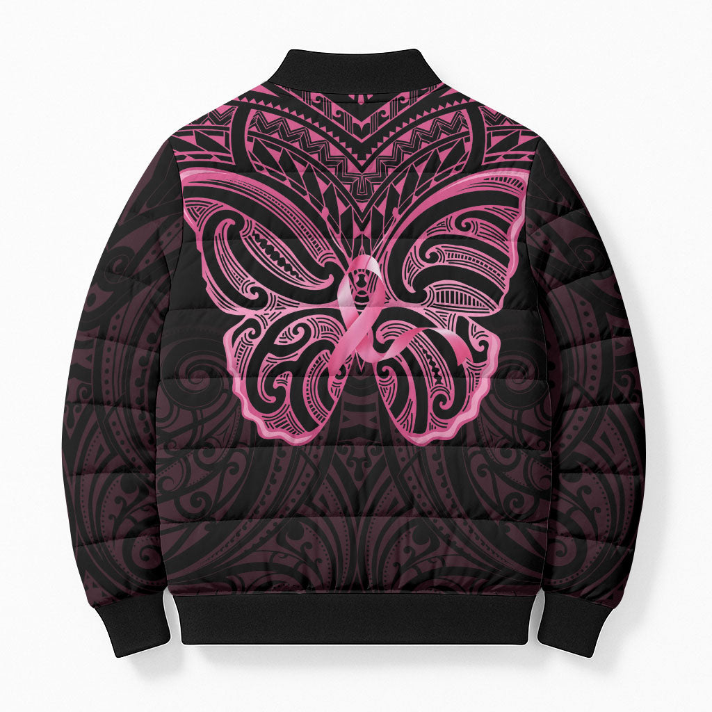 New Zealand Breast Cancer Support Bomber Puffer Jacket Maori Butterfly Pink Ribbon Black Version