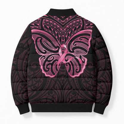 New Zealand Breast Cancer Support Bomber Puffer Jacket Maori Butterfly Pink Ribbon Black Version