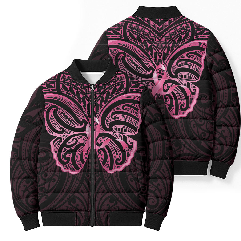 New Zealand Breast Cancer Support Bomber Puffer Jacket Maori Butterfly Pink Ribbon Black Version