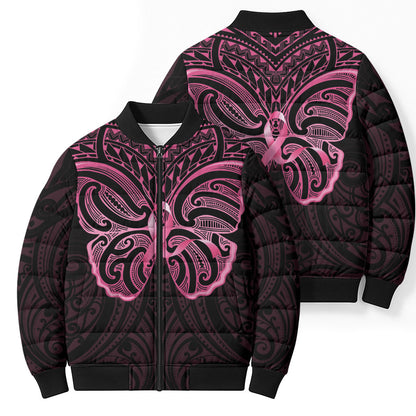 New Zealand Breast Cancer Support Bomber Puffer Jacket Maori Butterfly Pink Ribbon Black Version
