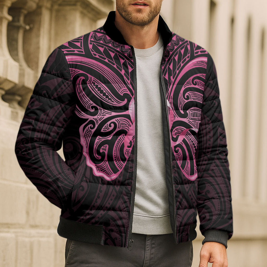 New Zealand Breast Cancer Support Bomber Puffer Jacket Maori Butterfly Pink Ribbon Black Version