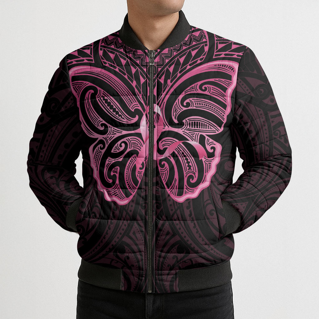 New Zealand Breast Cancer Support Bomber Puffer Jacket Maori Butterfly Pink Ribbon Black Version
