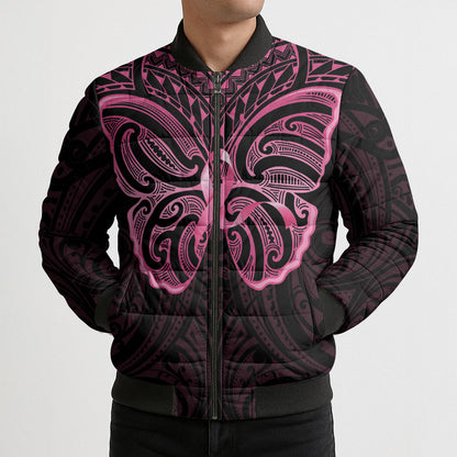 New Zealand Breast Cancer Support Bomber Puffer Jacket Maori Butterfly Pink Ribbon Black Version
