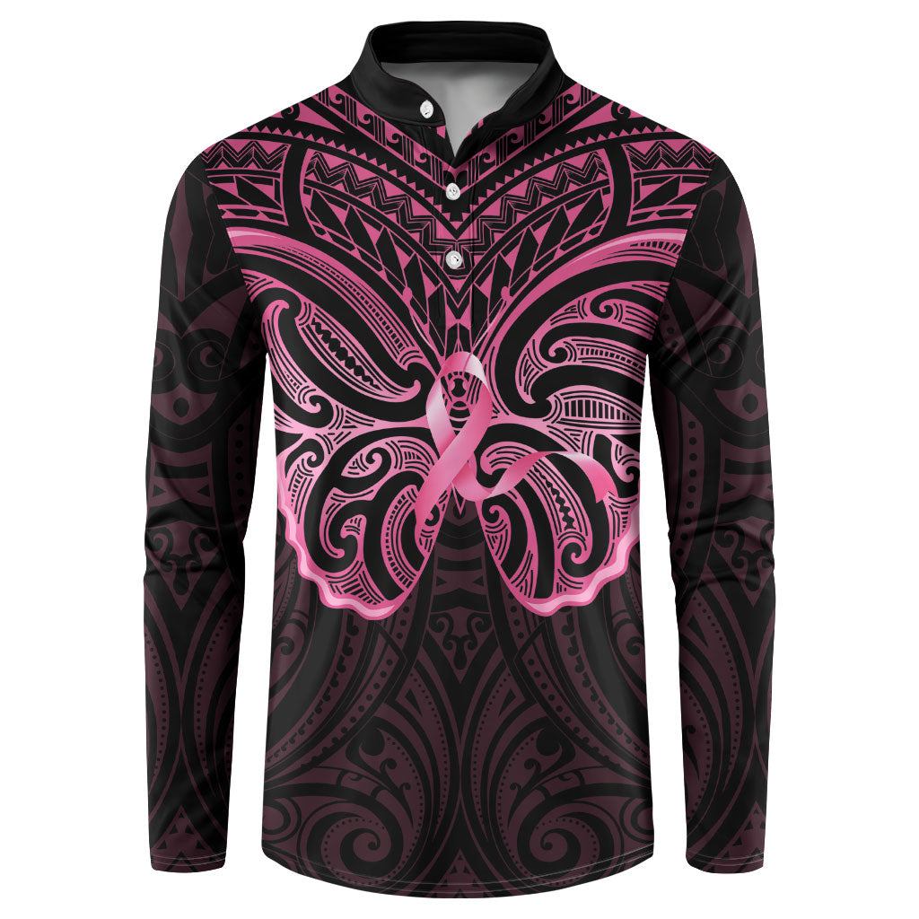 New Zealand Breast Cancer Support Button Sweatshirt Maori Butterfly Pink Ribbon Black Version