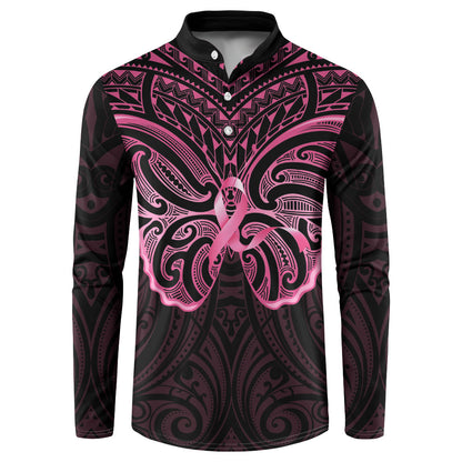 New Zealand Breast Cancer Support Button Sweatshirt Maori Butterfly Pink Ribbon Black Version