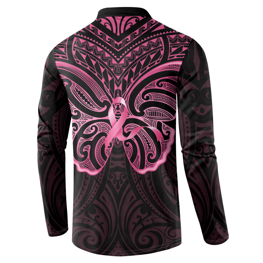 New Zealand Breast Cancer Support Button Sweatshirt Maori Butterfly Pink Ribbon Black Version