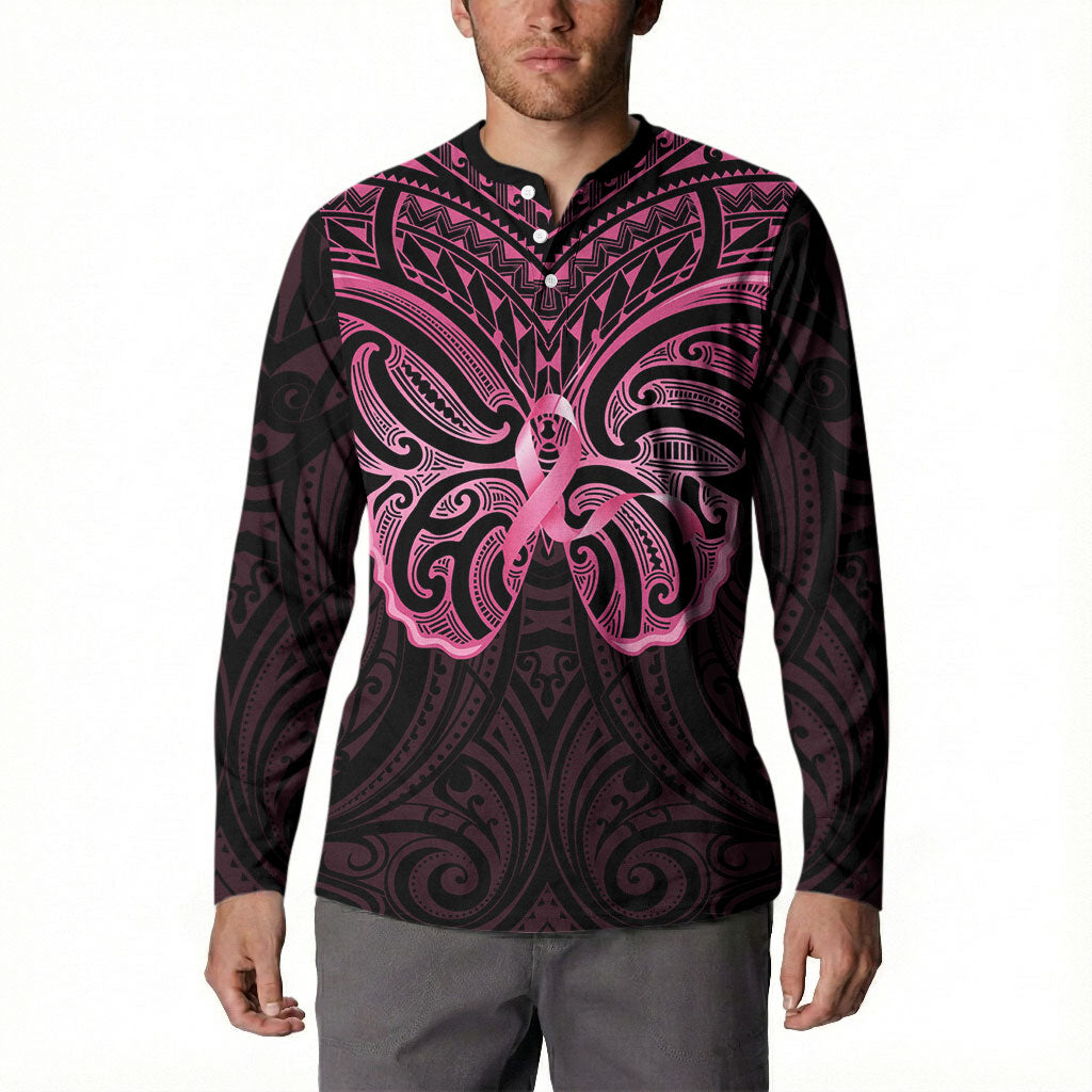 New Zealand Breast Cancer Support Button Sweatshirt Maori Butterfly Pink Ribbon Black Version
