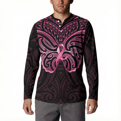 New Zealand Breast Cancer Support Button Sweatshirt Maori Butterfly Pink Ribbon Black Version