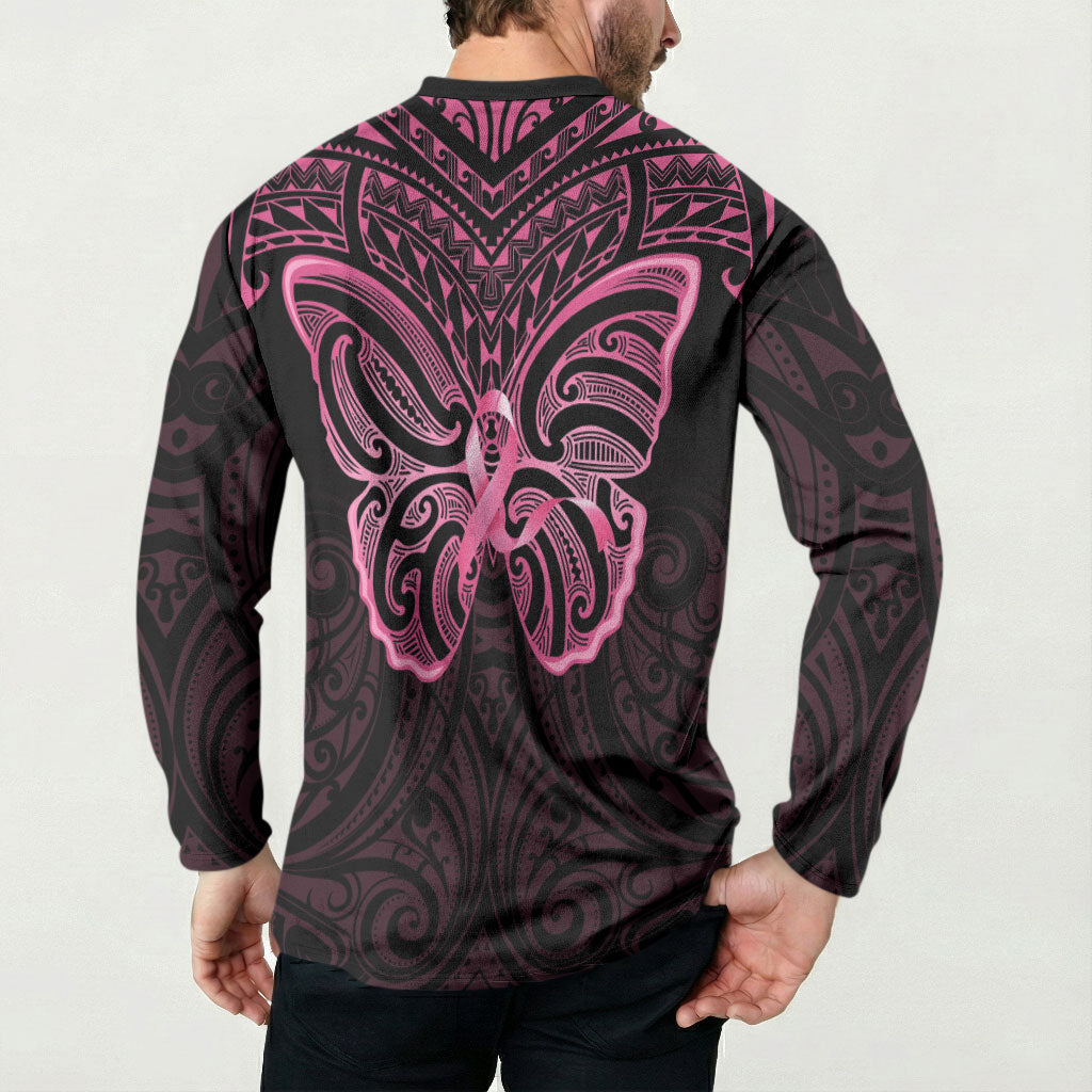New Zealand Breast Cancer Support Button Sweatshirt Maori Butterfly Pink Ribbon Black Version