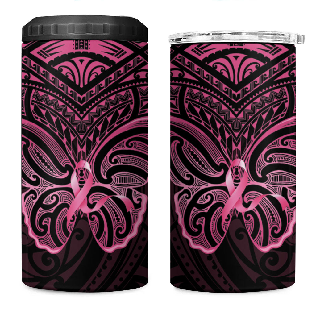 New Zealand Breast Cancer Support 4 in 1 Can Cooler Tumbler Maori Butterfly Pink Ribbon Black Version