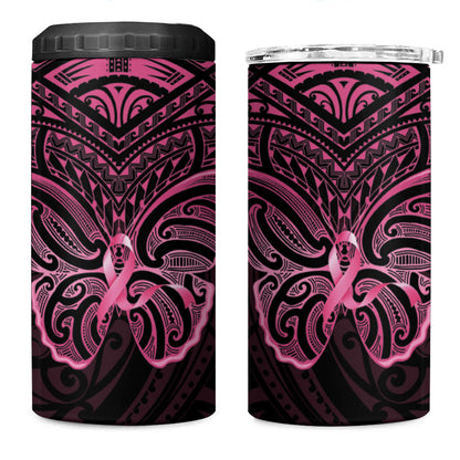 New Zealand Breast Cancer Support 4 in 1 Can Cooler Tumbler Maori Butterfly Pink Ribbon Black Version