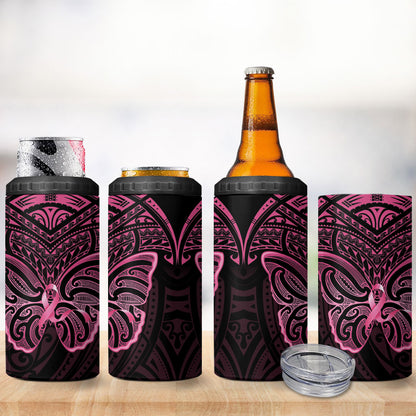 New Zealand Breast Cancer Support 4 in 1 Can Cooler Tumbler Maori Butterfly Pink Ribbon Black Version
