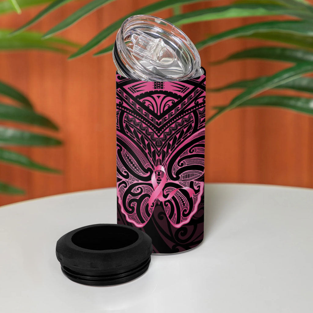 New Zealand Breast Cancer Support 4 in 1 Can Cooler Tumbler Maori Butterfly Pink Ribbon Black Version