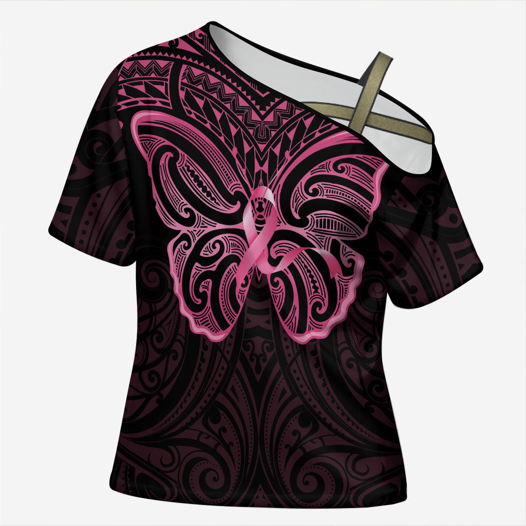 New Zealand Breast Cancer Support Cross Shoulder Shirt Maori Butterfly Pink Ribbon Black Version