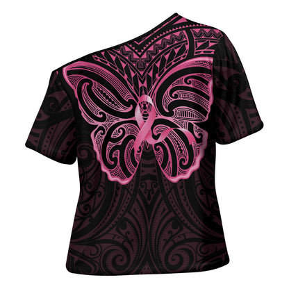 New Zealand Breast Cancer Support Cross Shoulder Shirt Maori Butterfly Pink Ribbon Black Version