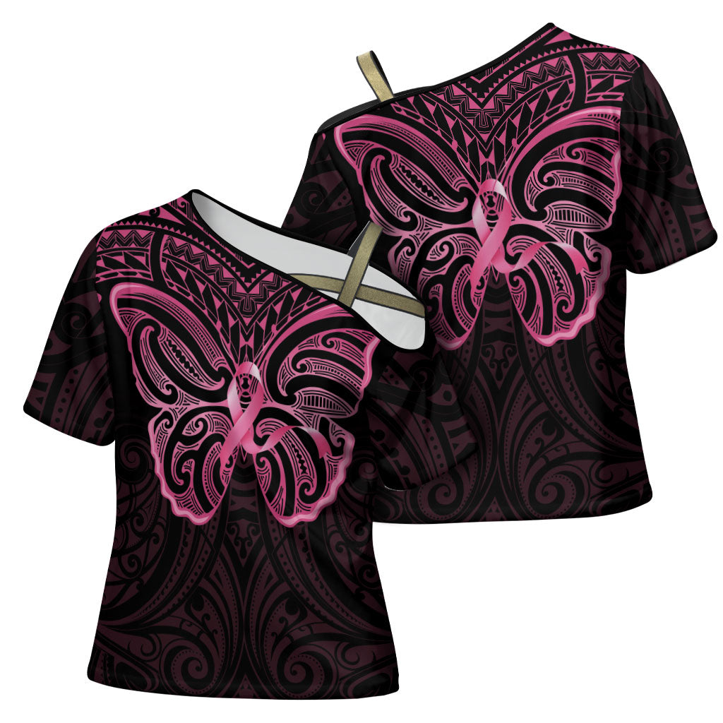 New Zealand Breast Cancer Support Cross Shoulder Shirt Maori Butterfly Pink Ribbon Black Version