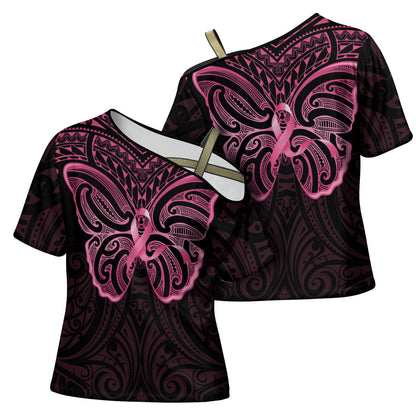 New Zealand Breast Cancer Support Cross Shoulder Shirt Maori Butterfly Pink Ribbon Black Version