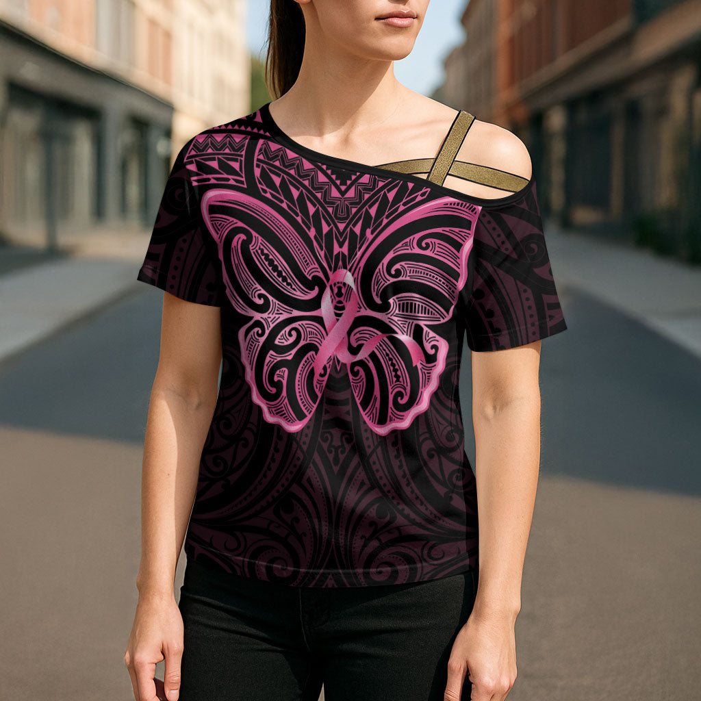 New Zealand Breast Cancer Support Cross Shoulder Shirt Maori Butterfly Pink Ribbon Black Version