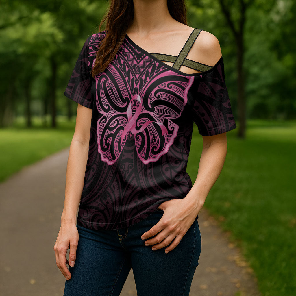 New Zealand Breast Cancer Support Cross Shoulder Shirt Maori Butterfly Pink Ribbon Black Version