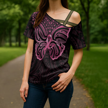 New Zealand Breast Cancer Support Cross Shoulder Shirt Maori Butterfly Pink Ribbon Black Version