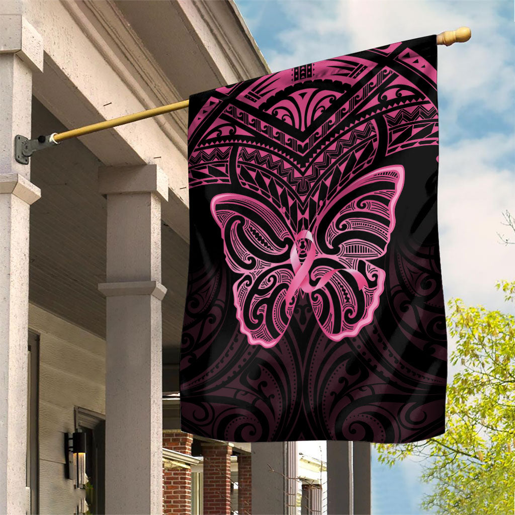 New Zealand Breast Cancer Support Garden Flag Maori Butterfly Pink Ribbon Black Version