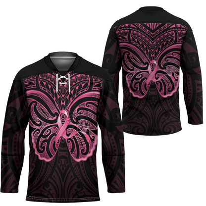 New Zealand Breast Cancer Support Hockey Jersey Maori Butterfly Pink Ribbon Black Version