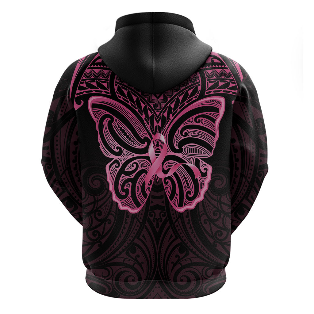 New Zealand Breast Cancer Support Hoodie Maori Butterfly Pink Ribbon Black Version
