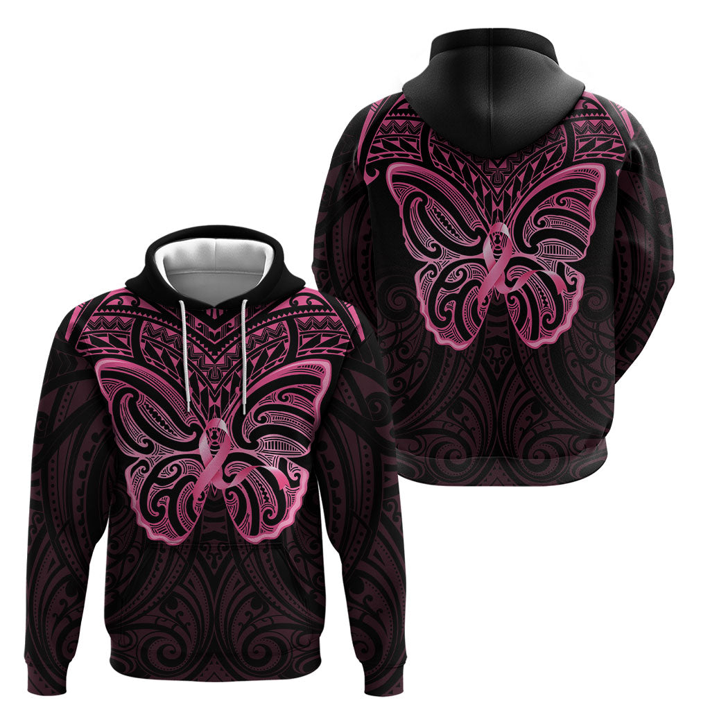 New Zealand Breast Cancer Support Hoodie Maori Butterfly Pink Ribbon Black Version