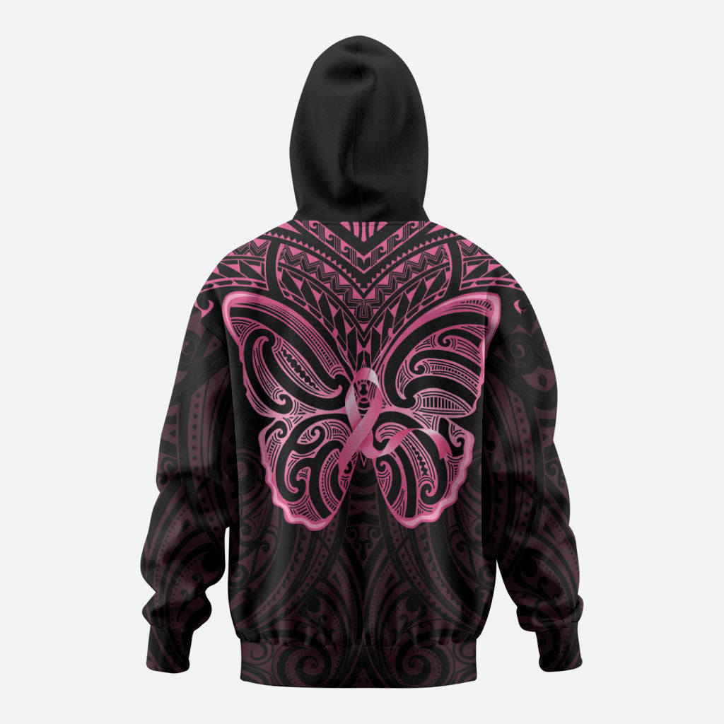 New Zealand Breast Cancer Support Hoodie Maori Butterfly Pink Ribbon Black Version