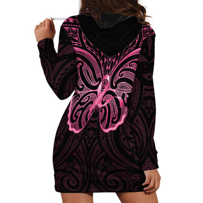 New Zealand Breast Cancer Support Hoodie Dress Maori Butterfly Pink Ribbon Black Version