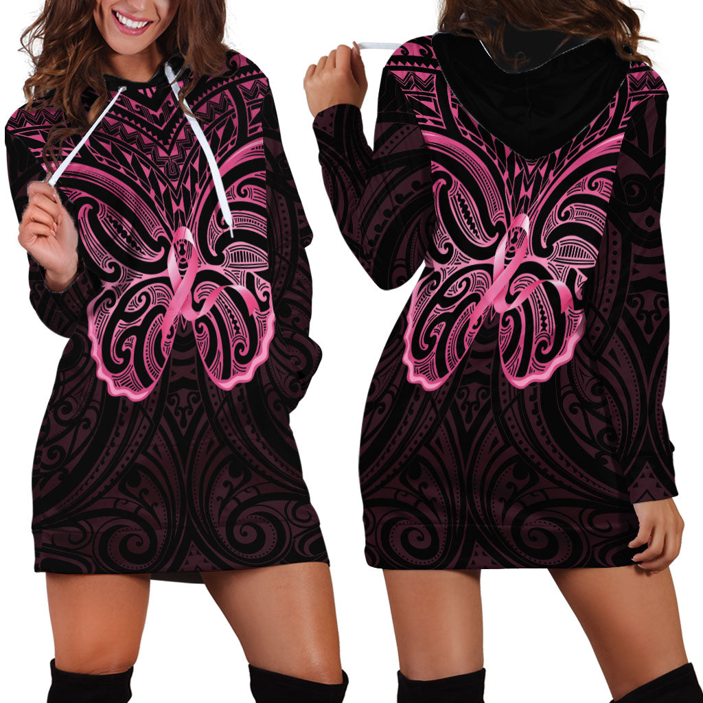 New Zealand Breast Cancer Support Hoodie Dress Maori Butterfly Pink Ribbon Black Version