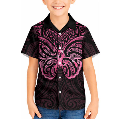 New Zealand Breast Cancer Support Kid Hawaiian Shirt Maori Butterfly Pink Ribbon Black Version