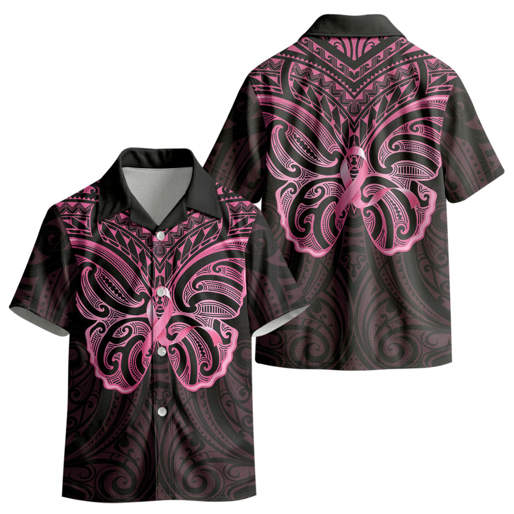 New Zealand Breast Cancer Support Kid Hawaiian Shirt Maori Butterfly Pink Ribbon Black Version