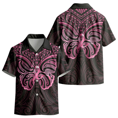 New Zealand Breast Cancer Support Kid Hawaiian Shirt Maori Butterfly Pink Ribbon Black Version